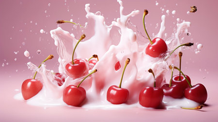 Milk splash with cherries. Sweet dessert cream. Milkshake concept. Generative AI.の素材