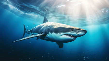 Shark swimming under sun rays in the blue ocean waters. Generative AI.の素材