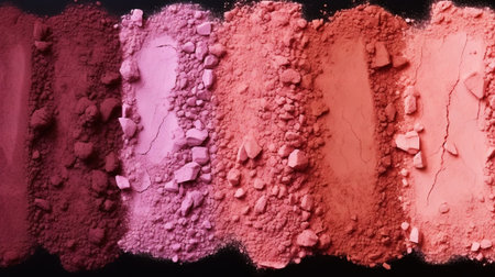 Variety pallet of broken makeup powder and blusher, on black background. Sample cosmetics concept. Generative AI.の素材