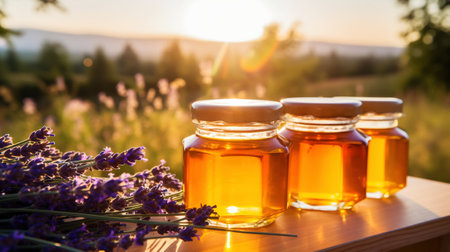 Jars of organic flower honey on a wooden table, with lavender, sunset in the background. Generative AI.の素材