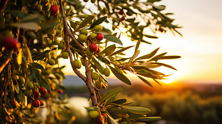 Closeup of olives with dew drops on the branch of olive tree on the sunset. Generative AI.の素材
