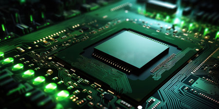 Heart of the Machine: Microprocessor in Green Glow. Motherboad electronics. Generative AI.の素材