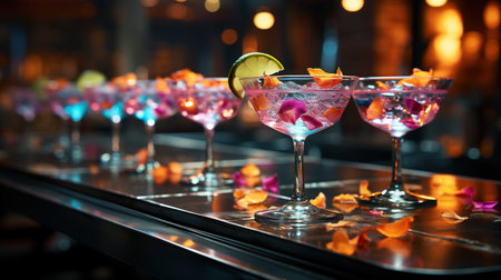 A group of stylish pink girlish cocktails in glasses with high stems at the bar counter. Generative AI.の素材