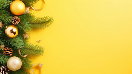 Christmas flat lay with pine, confetti and balls, on yellow background with copy space. Top view. Generative AI.の素材