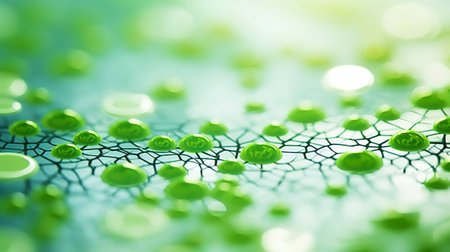 Fantasy plant cells microscopy. Green organic structures. Microlife concept. Generative AI.の素材