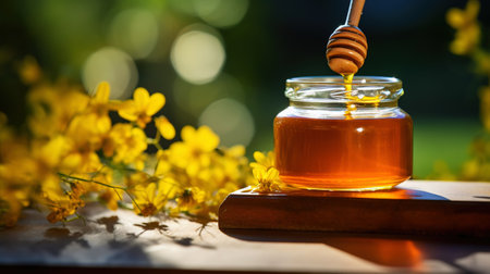 Close-up of a jar of honey with a honey dipper on a wooden table with a green natural background. Generative AI.の素材