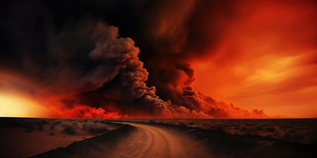 Desert sand dunes on huge fire. Dark smoke above. Dramatic disaster landscape. Generative AI.の素材