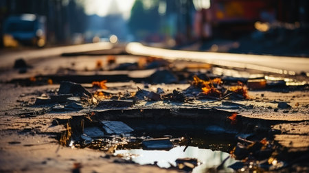 Pothole on the road. Damaged asphalt surface. Hole in a tarmac. Generative AI.の素材