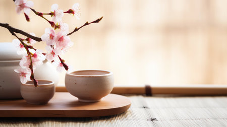 Tea ceremony, traditional teapot and ceramic cups on wooden tray on light background with sakura blossoms. Generative AI.の素材