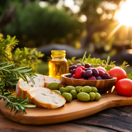 Mediterranean brunch with delicious tomatoes, ciabatta, olives, rosemary and cheese in an olive garden. Generative AI.の素材
