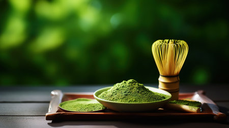 Closeup of matcha tea powder in a wooden plate with whisk on dark background, side view, copy space. Generative AI.の素材