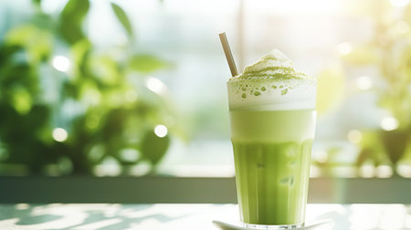 Closeup of iced matcha latte in a stylish glass on sunny background in front of the window in a cafe. Generative AI.の素材