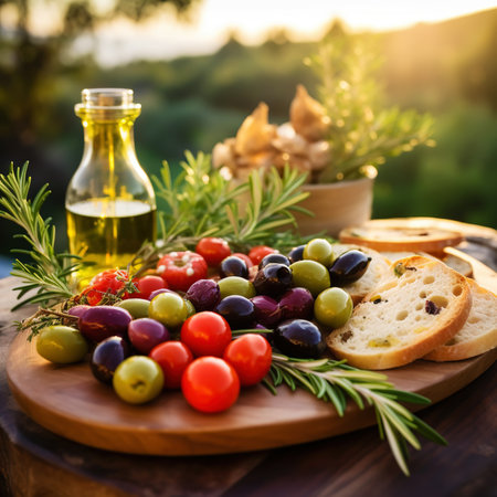 Mediterranean brunch with delicious tomatoes, ciabatta, olives, rosemary and cheese in an olive garden. Generative AI.の素材