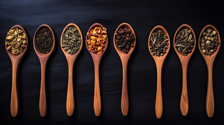 Different types of tea and herbs in vintage wood spoons, top view on dark background. Copy space. Generative AI.の素材