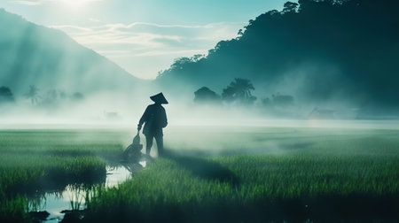 Beautiful mystery green rice fields covered by morning fog, mountain in the background. Generative AI.の素材