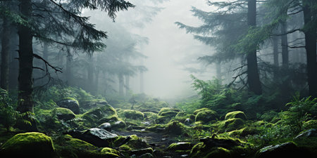 Misty forest with dare trees and rocks. Minimalistic scenery landscape. Generative AI.の素材