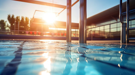 Calm water surface in the empty swimming pool of the sports centre, sunrise. Generative AI.の素材