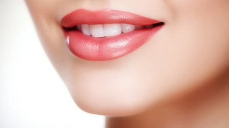 Closeup of beautiful smile of young woman with healthy white teeth. Healthcare concept. Generative AI.の素材