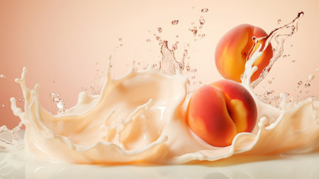 Milk splash with peach. Sweet dessert cream sweet. Milkshake concept. Generative AI.の素材