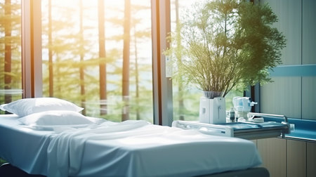 Empty hospital bed in a sunny modern clinical recovering room. Patient room background, insurance concept. Generative AI.の素材