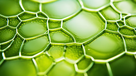 Fantasy plant cells microscopy. Green organic structures. Microlife concept. Generative AI.の素材