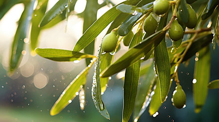 Closeup of olives with dew drops on the branch of olive tree on the sunset. Generative AI.の素材