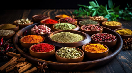Collection of different aromatic spices, seeds and herbs in a small plates on wooden table, side view. Generative AI.の素材