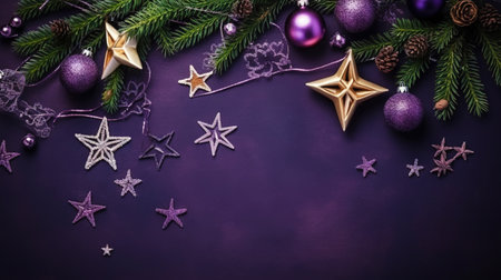 Christmas flat lay with pine, confetti and balls, on violet background with copy space. Top view. Generative AI.の素材