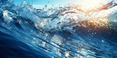 Closeup of the ocean wave. The sea in the light of summer sunset. Travel, vacation concept. Generative AI.の素材