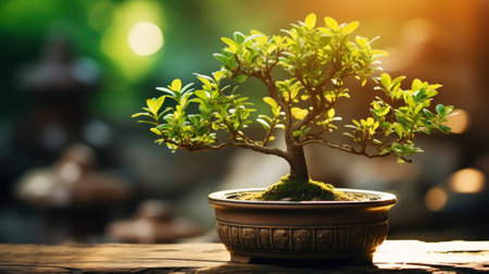 Small bonsai tree in a dark pot on green natural background with sun shine. Generative AI.の素材