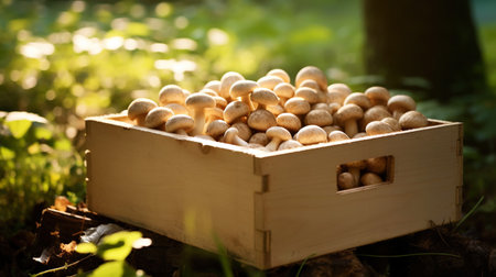 Porcini mushrooms in a wooden box on the blurred forest background. Generative AI.の素材
