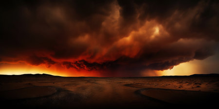 Desert sand dunes on huge fire. Dark smoke above. Dramatic disaster landscape. Generative AI.の素材