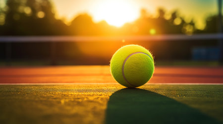 Closeup of tennis ball on empty court. Sunset, sun rays. Concept of a sporty lifestyle. Generative AI.の素材