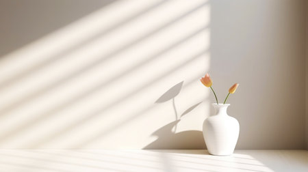 White empty room with vase for flowers, light background with shadows, sunlight Minimalistic concept. Generative AI.の素材