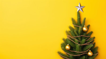 Christmas flat lay with pine, confetti and balls, on yellow background with copy space. Top view. Generative AI.の素材