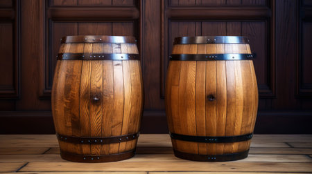 Two wooden barrels on wooden background in cellar of vinery. Generative AI .の素材