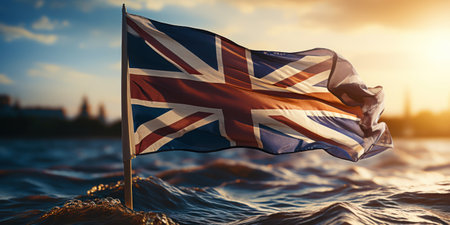 Beautifully waving blue and red cross flag. Great Britain-like. Generative AI.の素材