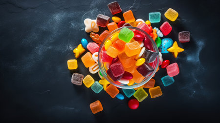 Top view on delicious multicolored candies on black rustic background. Generative AI.の素材