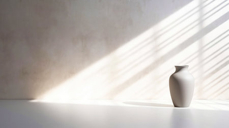 White empty room with vase for flowers, light background with shadows, sunlight Minimalistic concept. Generative AI.の素材