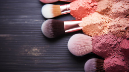 Variety pallet of broken makeup powder and blusher with soft brushes. Sample cosmetics concept. Generative AI.の素材