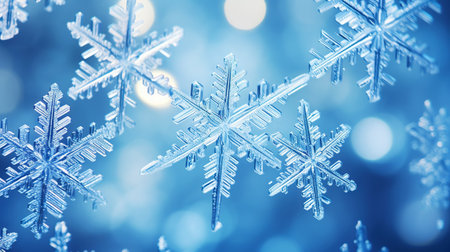Close up of a glossy snowflake, macro photo of snow crystals on blue background. Generative AI.の素材