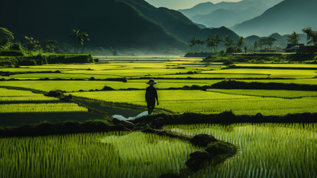 Beautiful mystery green rice fields covered by morning fog, mountain in the background. Generative AI.の素材
