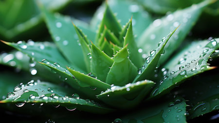 Close-up of fresh green aloe vera leaves with water drops. Dark background. Generative AI.の素材