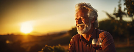 Senior smiling man with a glass of wine, blurred backdrop of vineyard on a sunset. Generative AI.の素材