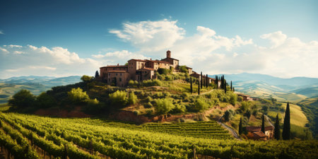 Vineyard landscape with an old winery building on a hill on a sunny day. Rows of grapes. Generative AI.の素材