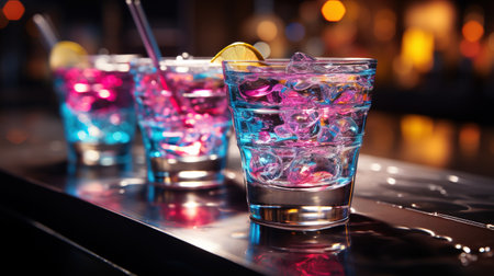 Close-up of group of stylish coloured cocktails with ice and lemon on the bar counter. Generative AI.の素材