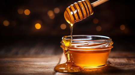 Close-up of a jar of honey, a dipper with dripping honey, on a wooden table with dark background. Generative AI.の素材