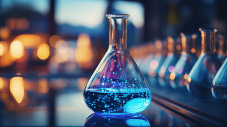 Close-up of blue glass flask standing in laboratory desk. Scientific chemistry research. Generative AI.の素材
