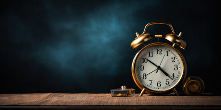 Retro alarm clock on dark interior background. Time to work or get up concept. Generative AI.の素材