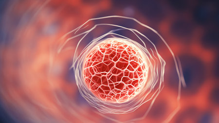 Microscopy of futuristic genetic engineered cell. Advanced biotechnology concept. Generative AI.の素材
